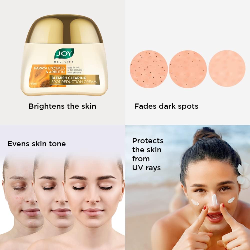 Joy Revivify Arbutin & Papaya Enzymes Blemish Clearing Spot Reduction Cream | Skin Brightening Cream| Soothing | Anti-ageing properties | Pollution defense â€“ 50 ml