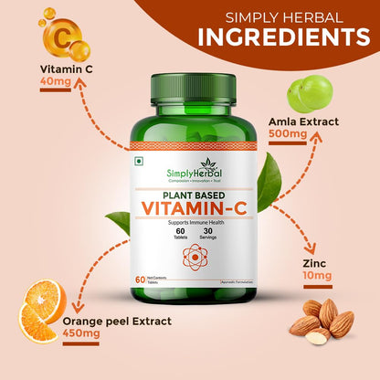 Simply Herbal Plant Based Vitamin C Tablet for Glowing Skin & Face, Ascorbic Acid, Amla Extract, Skin Glowing Supplement Promote Beauty & Health for Men & Women - 60 Tablets