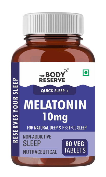 The Body Reserve Melatonin 10mg - 60 Veg Tablets for Sleep Support, Nerve Relaxation, and Stress Relief - Non-Habit Forming for Men & Women