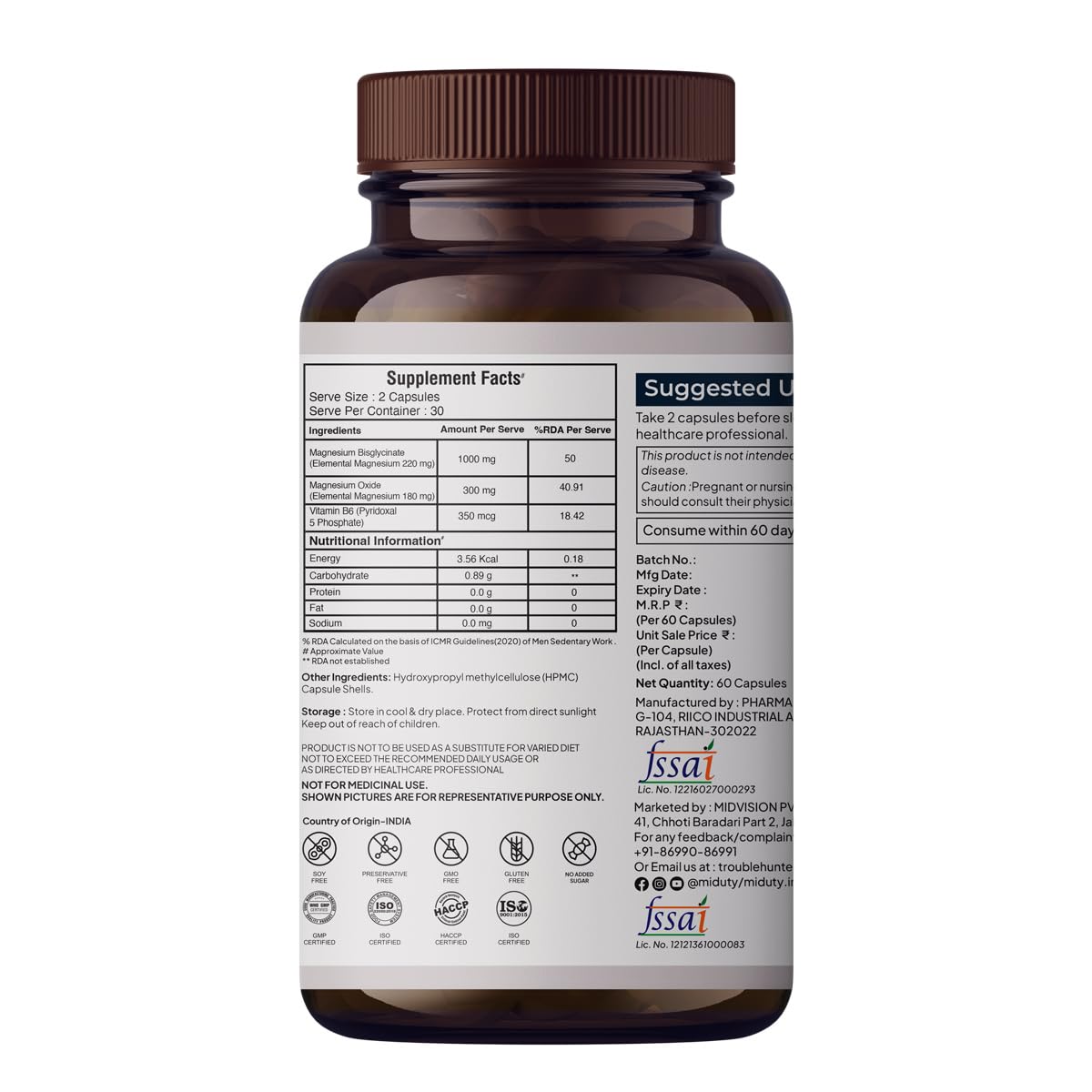Miduty Palak Notes Magnesium Relax Supplement Tablets - Best Magnesium Bis glycinate For Men and Women- Magnesium Oxide Vitamin B6 B5 - Leg cramps - Muscle Cramp-Migraine -Good Sleep-60 Capsules