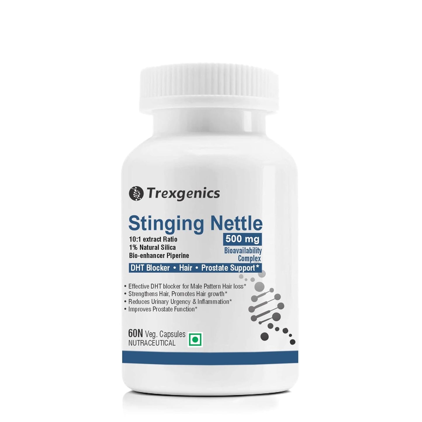 Trexgenics STINGING NETTLE (1% Natural Silica) 500mg with with Bio-enhancer Piperine 5mg DHT Blocker, Hair growth, Prostate Support (60 Veg capsules)