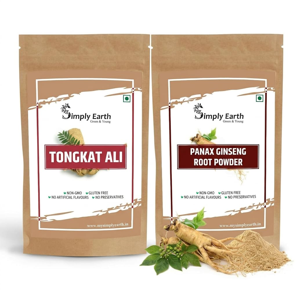 Simply Earth Menâ€™s Performance Duo - Tongkat Ali Longjack Root Extract 50g & Korean Red Ginseng 100g - Natural Supplement for Stamina, Energy, and Stress Tolerance