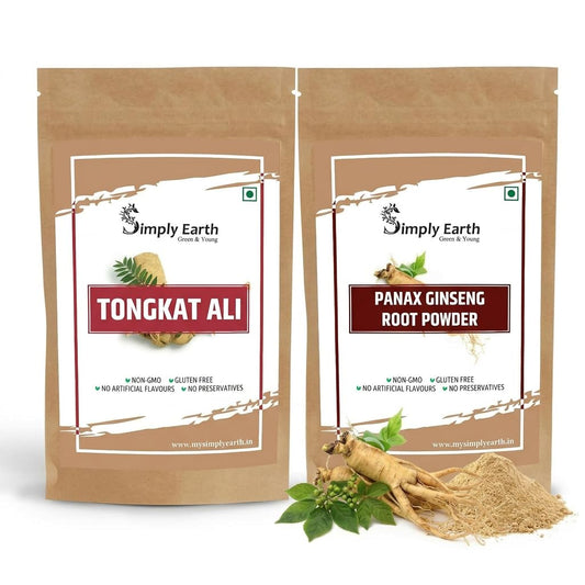Simply Earth Menâ€™s Performance Duo - Tongkat Ali Longjack Root Extract 50g & Korean Red Ginseng 100g - Natural Supplement for Stamina, Energy, and Stress Tolerance