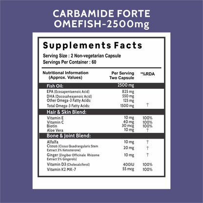 Carbamide Forte Fish Oil 2500mg- 60 Capsules| (Omega 3 1500mg; 900 mg EPA and 600mg DHA Per Serving) Capsule For Men & Women with Biotin, Vitamin D, Vitamin K2-MK7, 480 grams
