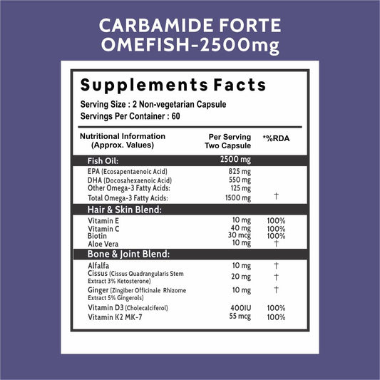 Carbamide Forte Fish Oil 2500mg- 60 Capsules| (Omega 3 1500mg; 900 mg EPA and 600mg DHA Per Serving) Capsule For Men & Women with Biotin, Vitamin D, Vitamin K2-MK7, 480 grams