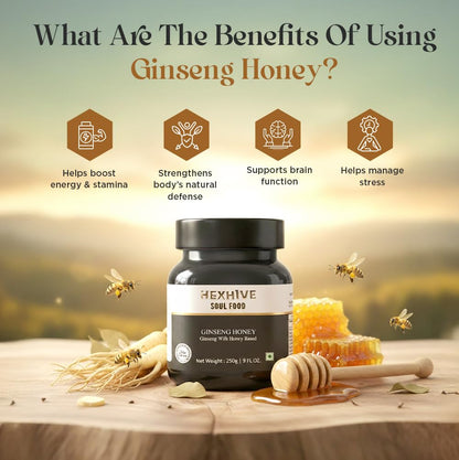 Hexhive Ginseng Honey | Raw Honey Infused with Ginseng Extract | Ayurvedic Energy & Stamina Booster | Immunity, Focus & Vitality Support | Natural Sweetener | No Added Sugar | 250g