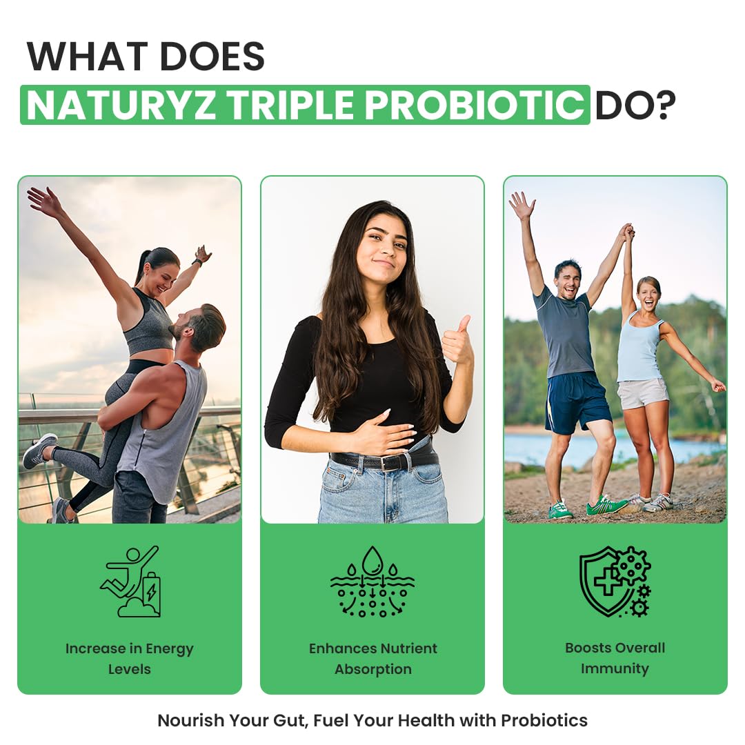 NATURYZ Triple Strength Probiotic 50 Billion CFU with Pre-Probiotic 600mg | Chicory Root | 22 Nutrients for Gut Health | Supports Digestion, Constipation, Gas & Bloating | No Refrigeration | 60 Tablets