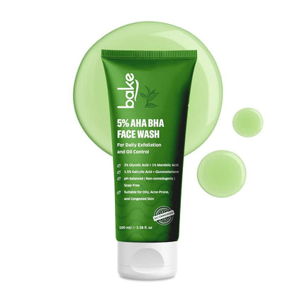 BAKE 5% AHA BHA Face Wash with 1.5% Salicylic Acid, 2% Glycolic Acid & 1% Mandelic Acid for Open Pores, Acne & Dark Spots | For Oily Acne Prone Skin | Daily Exfoliation & Oil Control - 100ml