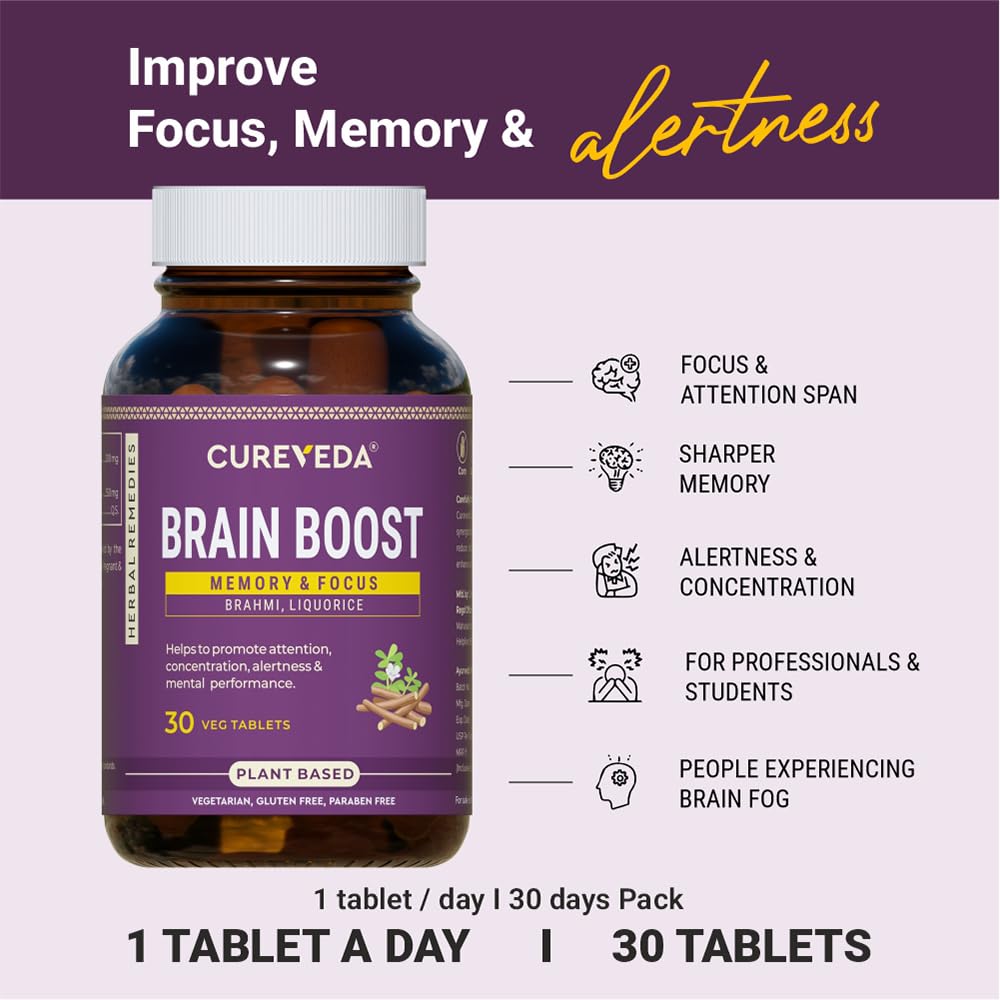 Cureveda Herbal Brain Boost Tablet for Brain & Memory Wellness | Extracted with Brahmi and Liquorice | Improves Learning, Memory Retention | Vegetarian | Gluten & Paraben Free (30 Tablets)