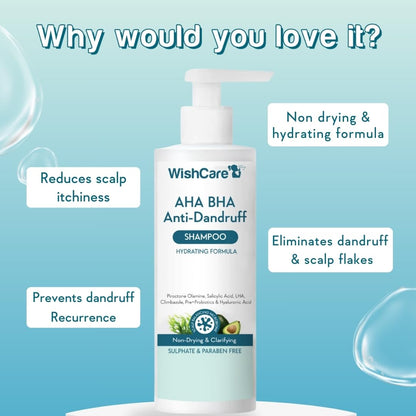 WishCare Hydrating Anti Dandruff Shampoo | 100% Dandruff Reduction | Removes Flakes & Hydrates Scalp | Proven Clinically | Piroctone Olamine, Salicylic Acid, AHA & BHA | Paraben & Sulphate Free | For Women And Men | 250ml
