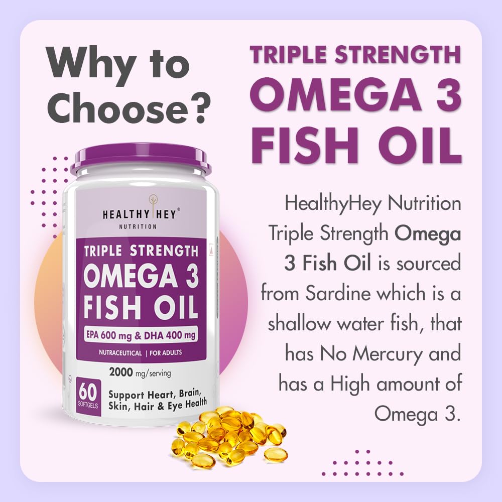 HealthyHey Nutrition Fish Oil Omega 3 For Women and Men | Triple Strength Fish Oil | Burpless, EPA 600 - DHA 400 Supplement , 60 Softgel