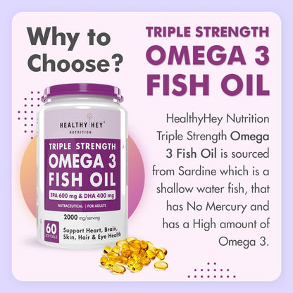 HealthyHey Nutrition Fish Oil Omega 3 For Women and Men | Triple Strength Fish Oil | Burpless, EPA 600 - DHA 400 Supplement , 60 Softgel