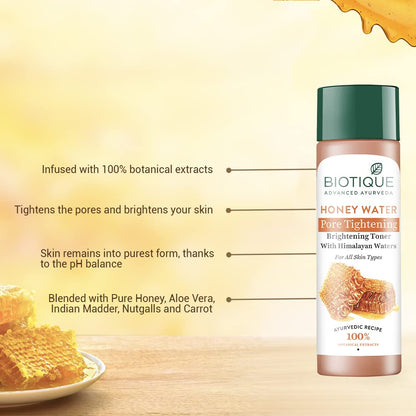 Biotique Honey Water Pore Tightening Brightening Toner with Himalayan Waters |Maintains pH Balance| Moisturized and Hydrated Skin | |100% Botanical Extracts| Suitable for All Skin Types | 120ml