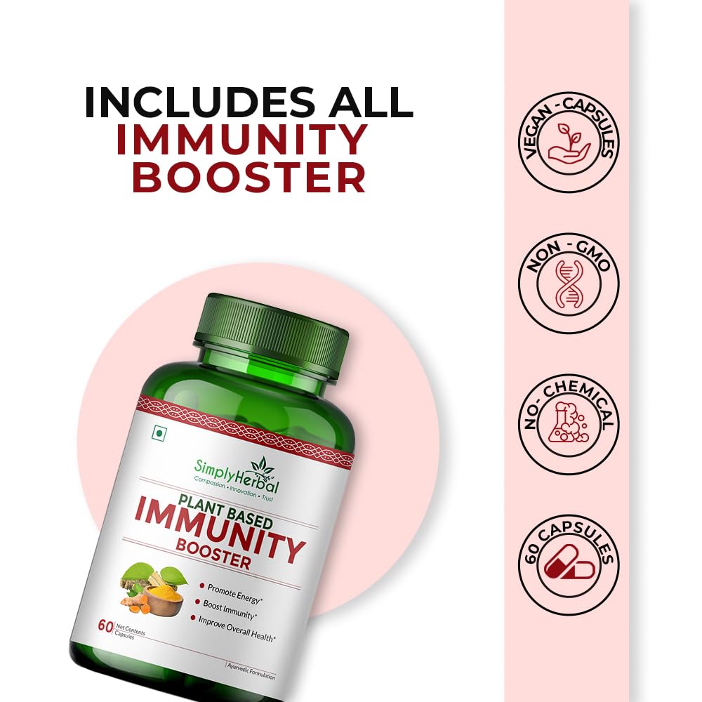 Simply Herbal Plant Based Organic Immunity Booster Capsules for Men & Women, Immunity Blend of Giloy, Haldi, Ashwagandha, Aloe Vera, Laung, Shatawari and Natural Herbs Heath Dietary Supplement, 60 Capsules