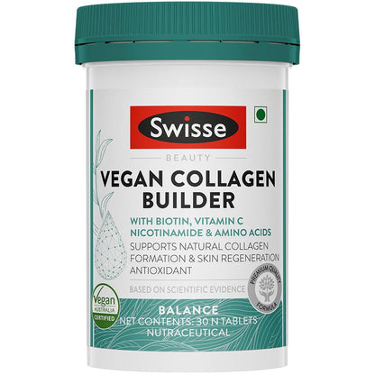 Swisse Vegan Collagen Builder with Biotin & Vitamin C, Supports Natural Collagen Formation & Skin Regeneration (Vegan Certified) - 30 Tablets (For Both Men & Women) Australiaâ€™s No.1 Beauty Nutrition Brand
