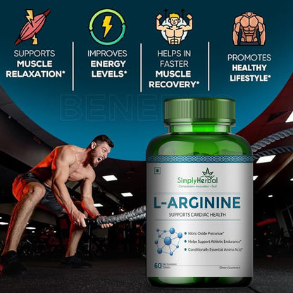 Simply Herbal L-Arginine Supplement 500 mg Pre- Post Workout For Men Women, Support Bone Muscle Building Amino Acid, Strength, Performance & Energy, Recovery, Immune System- 60 tablet