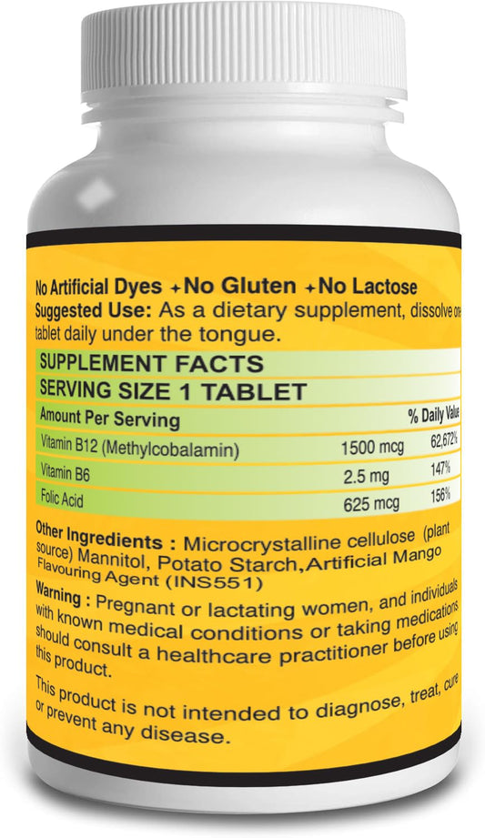 VITARUHEÂ® Vitamin B12 High Dose+ B6/Folic Acid, 365 Tablets Methylcobalamin & Sublingual for Maximum Effects, Vegan, 365 Tablets for 1 year Mango Flavour