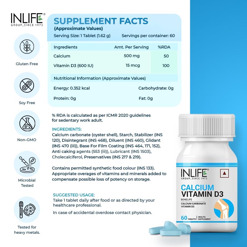 INLIFE Calcium and Vitamin D3 Tablets for Men Women | Calcium Carbonate Supplement for Bone and Joint Support - 60 Tablets (Pack of 1)