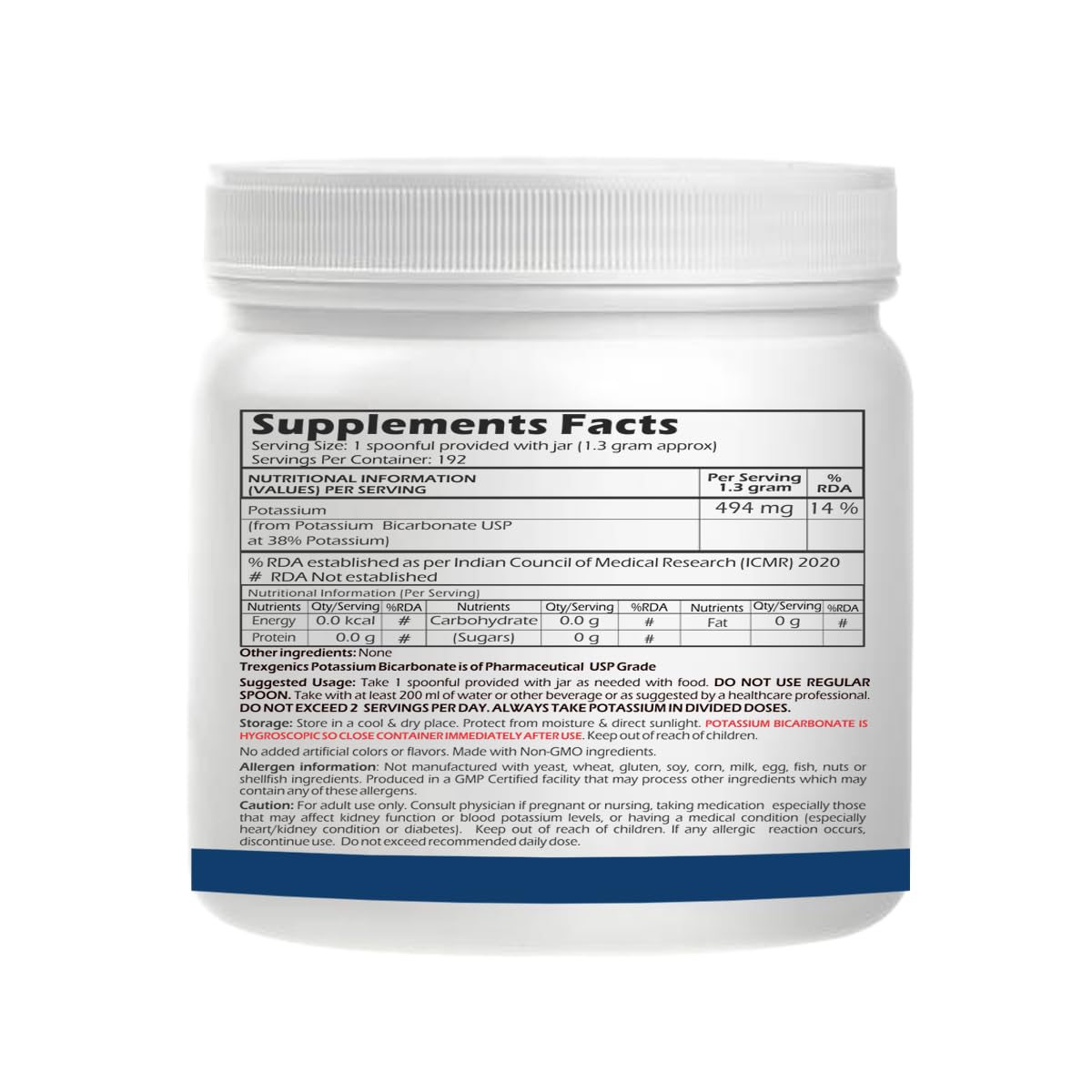 Trexgenics POTASSIUM BICARBONATE Pure Powder Pharmaceutical Grade Electrolyte Balance, Nerve & Muscle Health (250 gram / 8.81 OZ)