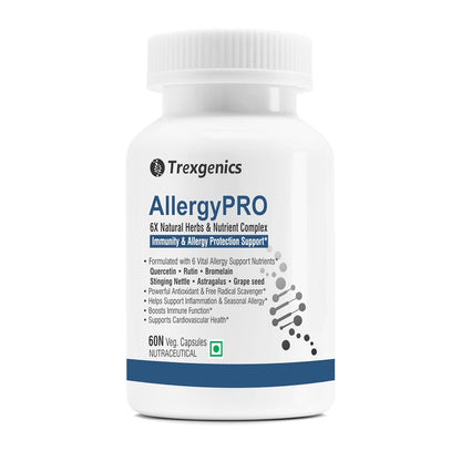 Trexgenics ALLERGYPRO 6X Natural Allergy Support with Quercetin, Rutin, Bromelain, Astragalus extract Grape seed extract 95% OPC, Stining nettle extract (60 Veg. Capsules) (Pack of 1)