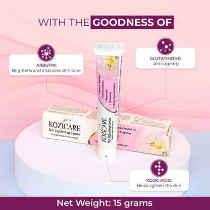 Kozicare Skin Lightening Non-Sticky Cream Lotion | Enriched with 3% Kojic Acid, 1% Alpha Arbutin, 1% Glutathione, 2% Niacinamide, 2% Vitamin C | Best for Melasma, Pigmentation, Dark/Age Spots, Uneven Skin Shade - 15gm (New Formula)
