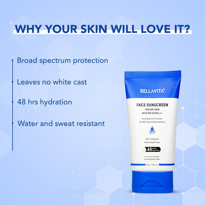 BELLAVITA Sunscreen SPF 50 For Dry Skin|SPF 50 PA++++|Broad Spectrum Protection | No White Cast | Water & Sweat Resistant|Dermatologically Tested|Hydrating Sunscreen|48hrs Hydration | For Men & Women | 50ml