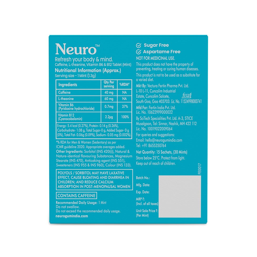 NeuroGum Energy Caffeine Mints (15x2 Sachets) - Sugar Free with L-theanine + Natural Caffeine + Vitamin B12 & B6 - Energy & Focus Supplement for Women & Men - Peppermint Flavor | Pack of 2 (30 Mints)