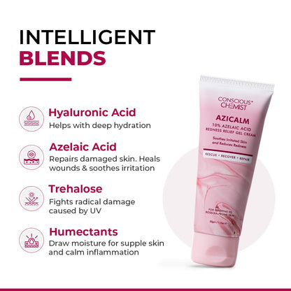 Conscious ChemistÂ® 10% Azelaic Acid Cream | 50g | Face Cream for Men & Women, Moisturizer for Acne Prone Skin, Redness Relief, Soothe Irritation & Inflammation, All Skin Types - Azicalm