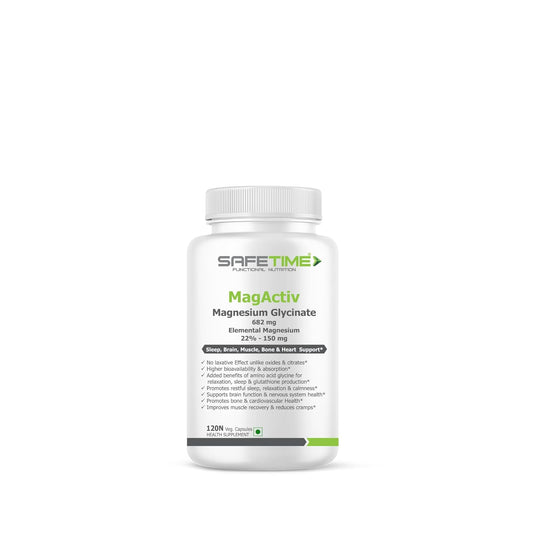 MagActiv MAGNESIUM GLYCINATE (Elemental Magnesium 150 mg per Capsule) Chelated, Bioavailable & Safe Sleep, Bone, Muscle, Heart Health (120 Veg. Capsules)