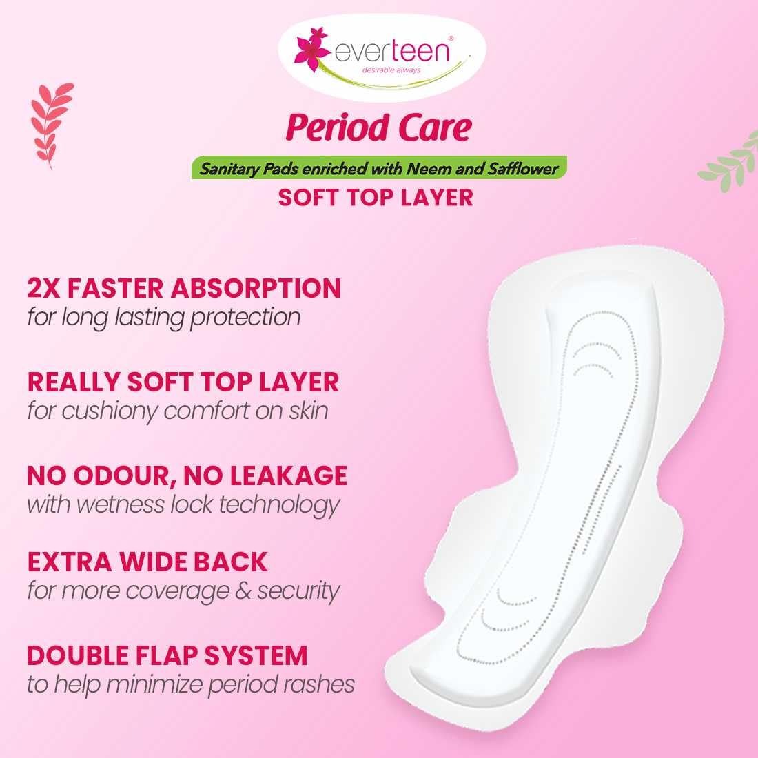 everteen XXL Sanitary Napkin Pads with Cottony-Soft Top Layer for Women Enriched with Neem and Safflower, XX-Large, 320mm Pack of 40,