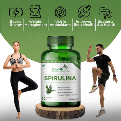 Simply Herbal Spirulina Capsules for Immunity | Natural Super Food and Nutritional Supplement | Green Food for Good Health Weight Management and Immunity Booster â€“ 60 Capsules
