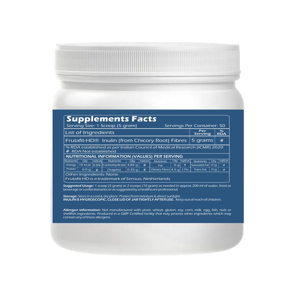 Trexgenics INULIN FRUTAFIT HD PURE POWDER From SENSUS, NETHERLANDS, Chicory root source prebiotic fibres for Gut Health (Frutafit HD Inulin (250 gram))