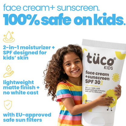 TucoÂ® Kids 2 in 1 Face Cream + Sunscreen SPF 30 with Saffron oil for Kids | Ages 2-5, 5-10, 10-15 | UVA/UVB PA++++ | Broad Spectrum | Benzophenone- 3, Avobenzone Free | 30gm |