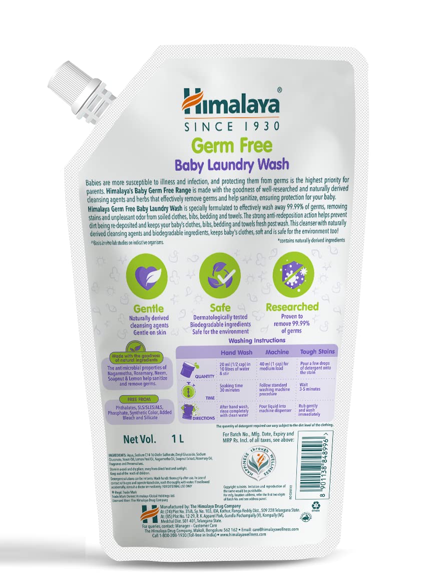 Himalaya Germ Free Baby Laundry Detergent Liquid 1 L (Refill Pouch) | Plant Based Cleansers & Biodegradable Ingredients | Dermatologically Tested