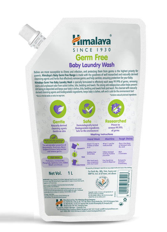 Himalaya Germ Free Baby Laundry Detergent Liquid 1 L (Refill Pouch) | Plant Based Cleansers & Biodegradable Ingredients | Dermatologically Tested