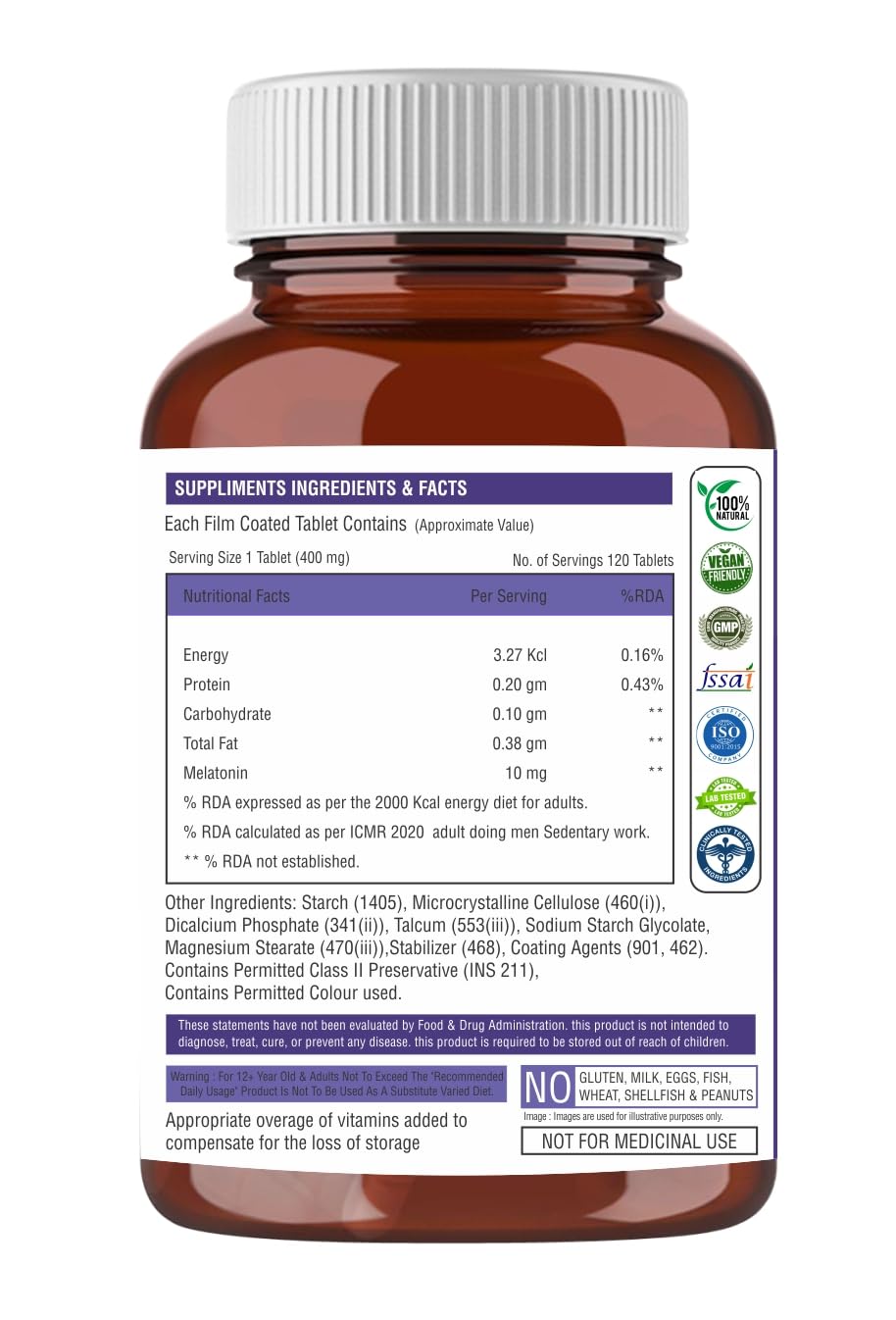 The Body Reserve Melatonin 10mg - 120 Veg Tablets for Sleep Support, Nerve Relaxation, and Stress Relief - Non-Habit Forming for Men & Women