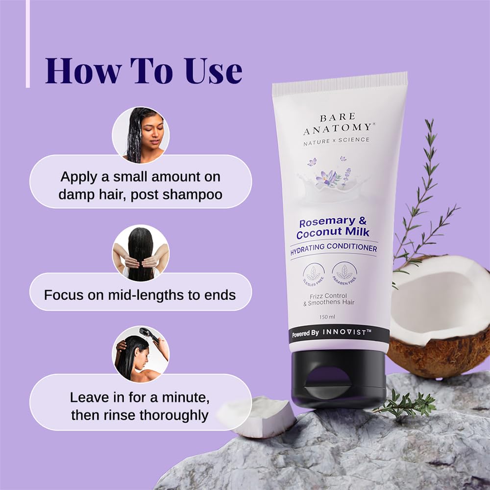 Bare Anatomy Nature X Science Rosemary & Coconut Milk Hydrating Conditioner|Natural Conditioner For Dry, Dull & Frizzy Hair|Sls & Paraben Free Conditioner For Women & Men|150 millilitre (Pack of 1)