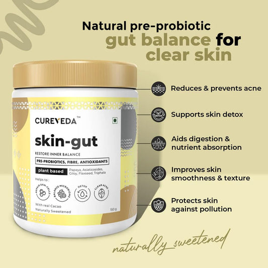 Cureveda SkinGut Pre & Probiotic Powder for Clear Skin | Supports Acne Control | Gut Health| Skin Detox | Plant-Based Formula with Antioxidants | No Added Sugar & Artificial Flavour(150 gm)