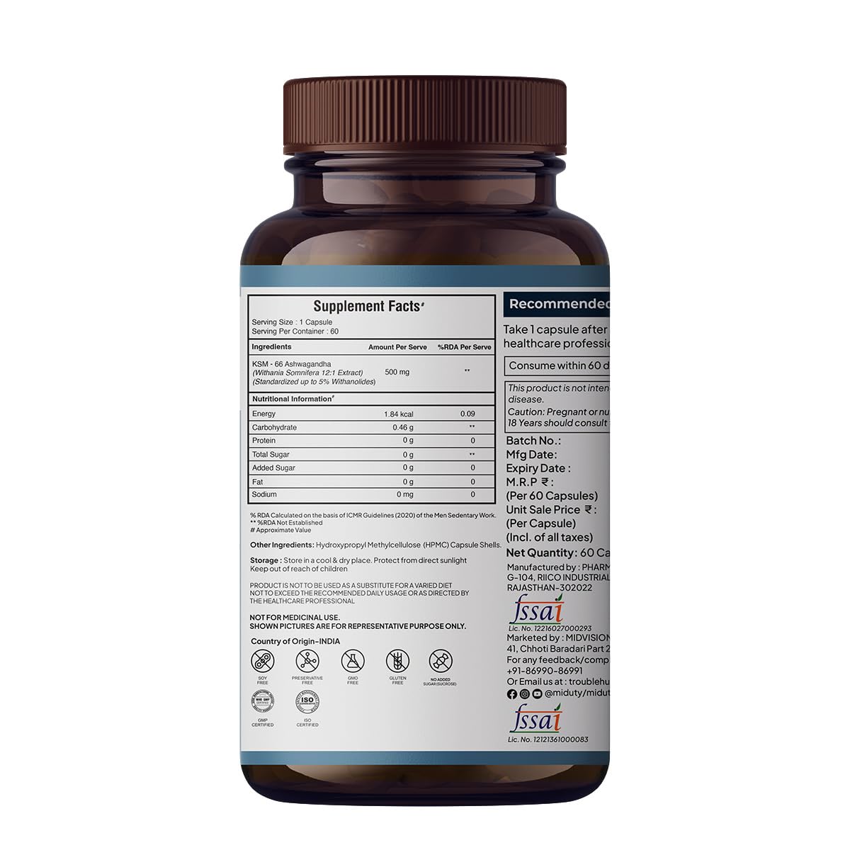 Miduty Palak Notes Ashwagandha 3X (500 mg) Supplement - KSM 66 Ashwagandha - Triple Strength Formula - For Mood Stability - Focus, Strength and Stress - 60 Veg Capsules