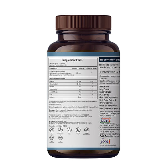 Miduty Palak Notes Ashwagandha 3X (500 mg) Supplement - KSM 66 Ashwagandha - Triple Strength Formula - For Mood Stability - Focus, Strength and Stress - 60 Veg Capsules