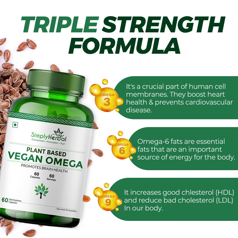 Simply Herbal Organics Pure Vegan Omega 3 6 9 Capsules 500mg Supplement Triple Strength Flaxseed, DHA for Heart, Joint & Brain Health, Immunity Booster - 60 Capsules