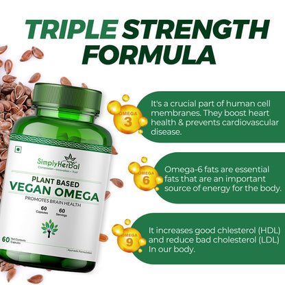 Simply Herbal Organics Pure Vegan Omega 3 6 9 Capsules 500mg Supplement Triple Strength Flaxseed, DHA for Heart, Joint & Brain Health, Immunity Booster - 60 Capsules