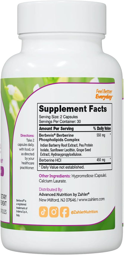 Zahler Berberine - Supports Healthy Metabolism for Busy Adults - Herbal Supplement for Heart Health Support - Easy-to-Swallow Capsules - Kosher, Non-GMO & Gluten-Free - 60 Capsules, 30 Servings