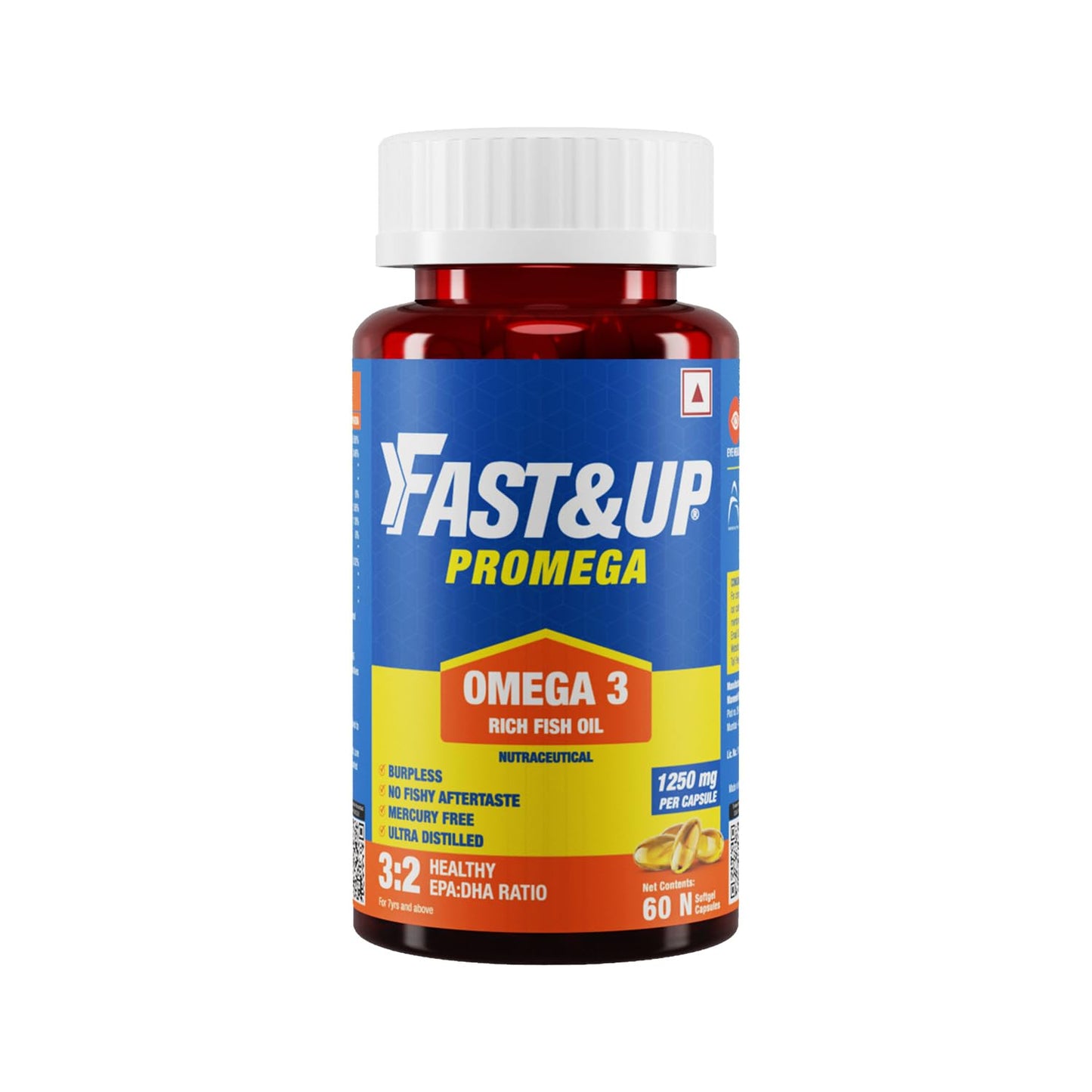 Fast&Up Promega with Double Strength 1250 mg Omega-3 Rich Fish Oil (60 Capsules) | High 375 mg EPA & 250 mg DHA ratio (3:2) For Heart, Eyes, Joints & Brain Health | No Fishy Aftertaste, Smell or Burps