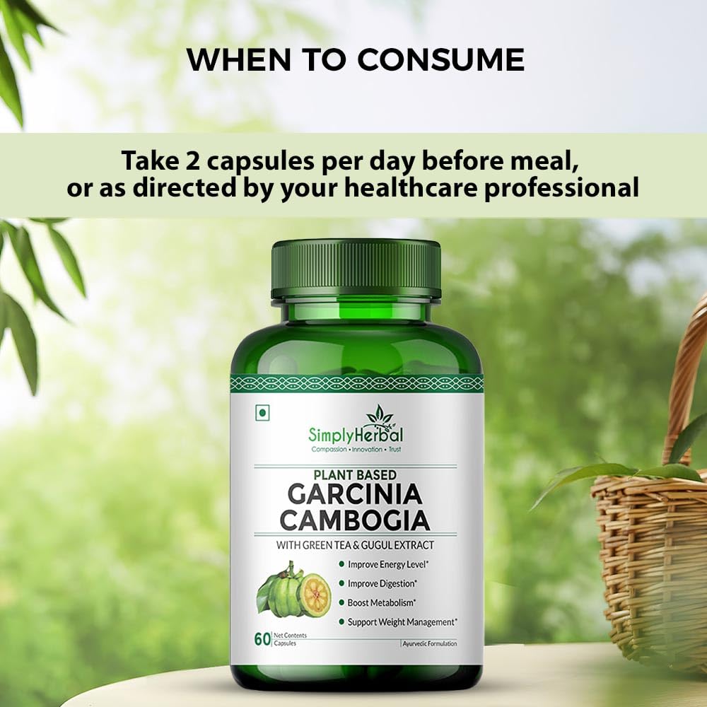 Simply Herbal Garcinia Cambogia with Green Tea and Gugul Extract for Weight Management Supplement 800 Mg HCA for Appetite Suppressant & Metabolism Boost For Men Women - 60 Veg capsule