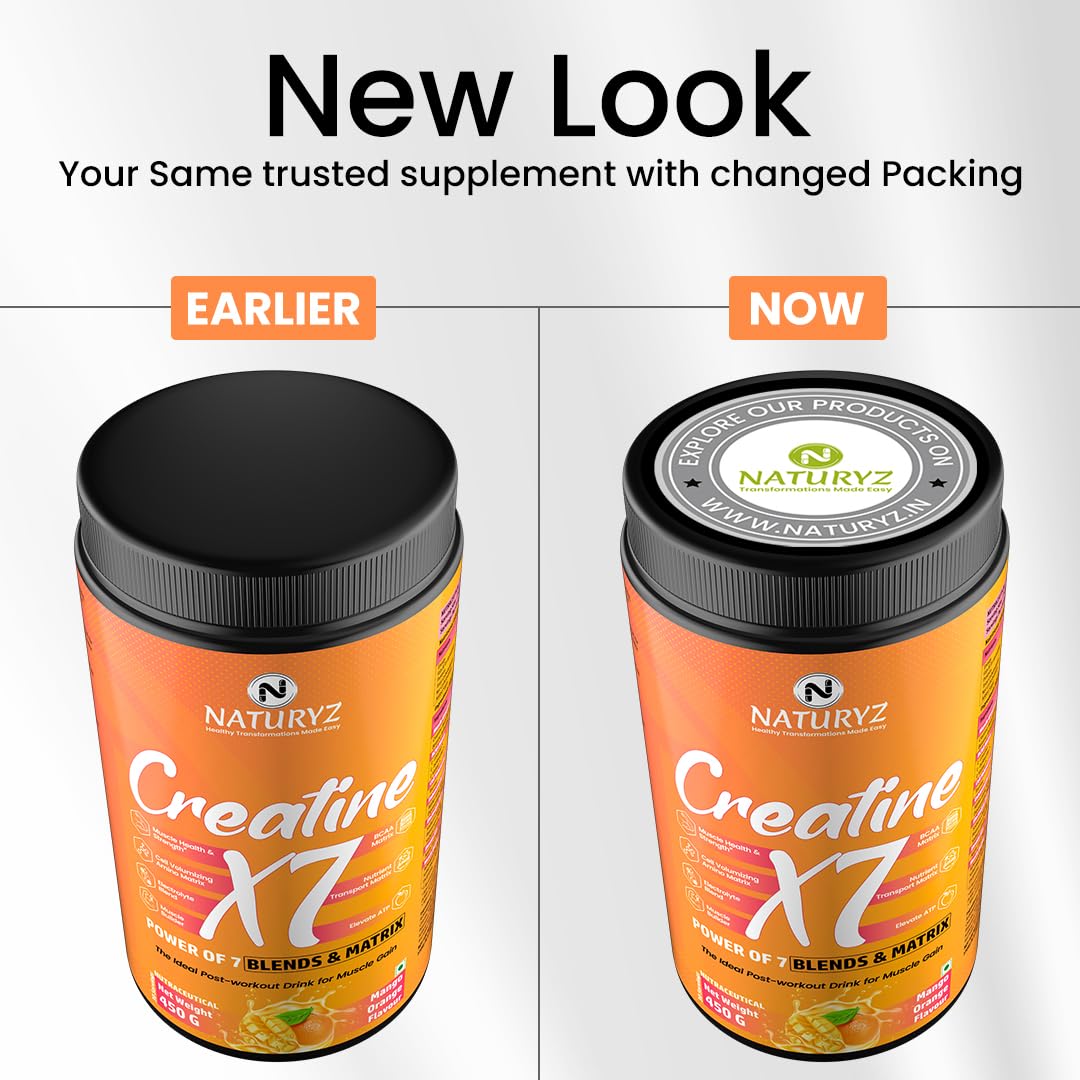 NATURYZ Creatine X7 Pure Micronized Creatine Monohydrate Post Workout drink | Rapid Absorption with Aminos | BCAA | ATP Transport Matrix | Muscle Growth & Strength | Power of 7 Blends | Muscle Builder- 450g(Mango Orange)