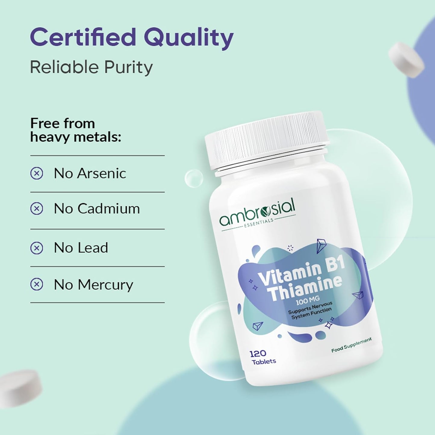 Ambrosial Vitamin B1 Thiamine 100mg - High Strength Vitamin B1 Thiamine for Heart, Immune System, Psychological Function, and Energy Yielding - 120 Tablets