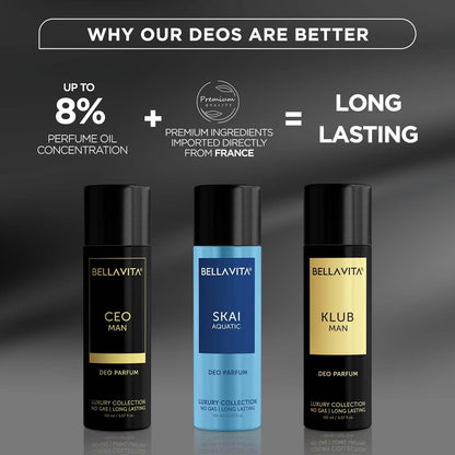Bella Vita Luxury Body Parfum Gift Set for Men | Pack of 3 x 150ml | No Gas Deo for Man | CEO, Skai Aquatic & Klub | Long Lasting Fragrance with Tonka, Bergamot, Vanilla