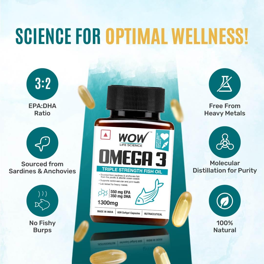 WOW Life Science Omega-3 Fish Oil 1300 Mg Triple Strength 550Mg Epa 350Mg Dha,Burpless,Mercury Free,Ideal For Keto Diet,1 Count
