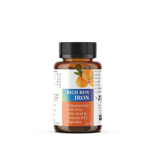 Zeelab Rich Run Iron Supplement | A Haematinic with Zinc, Folic Acid and Vitamin B12 Capsules (30 Capsules per Jar)